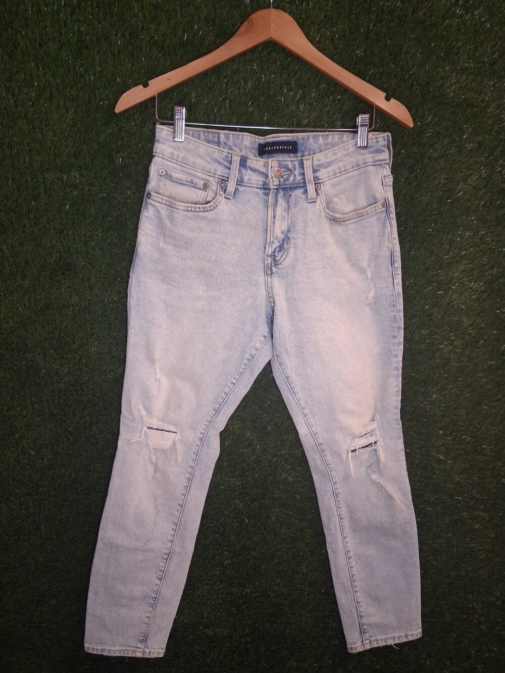 Aeropostale Athletic Skinny Jeans Mens 27x28 Light Wash Distressed Blue - Flaws